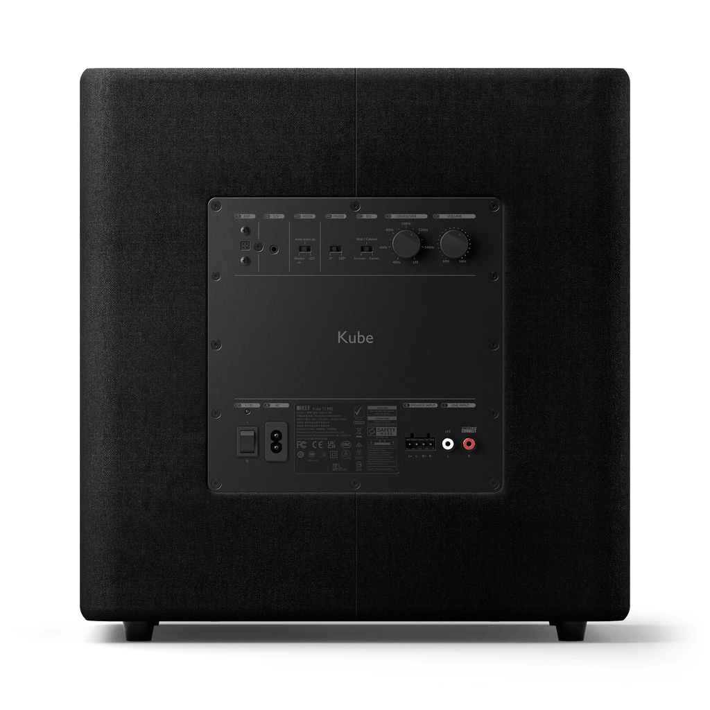Close up of KEF branding and driver on Kube 12 MIE subwoofer