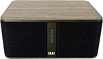 Close-up of the ELAC logo and acoustic fabric on the Discovery Z3