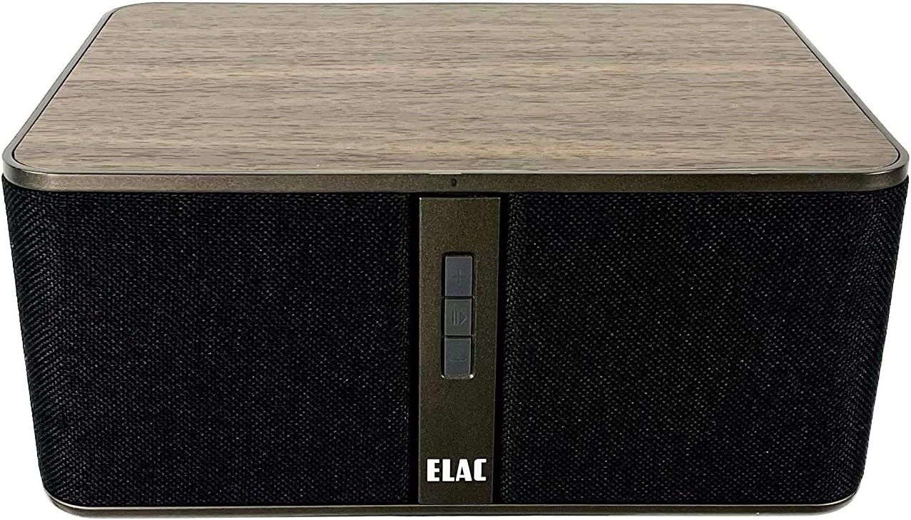 Close-up of the ELAC logo and acoustic fabric on the Discovery Z3
