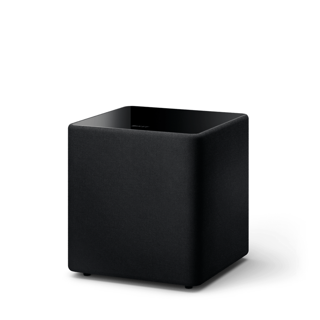 Front view of KEF Kube 10 MIE 10-inch powered subwoofer in black