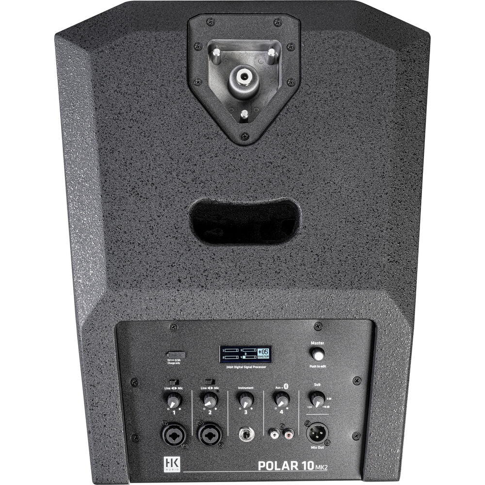 Close up of the HK Audio POLAR 10 subwoofer control panel and mixing console