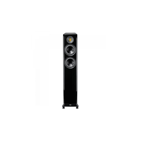 Front view of ELAC Vela 2.0 FS 407.2 high-fidelity audiophile speaker with modern glossy black finish