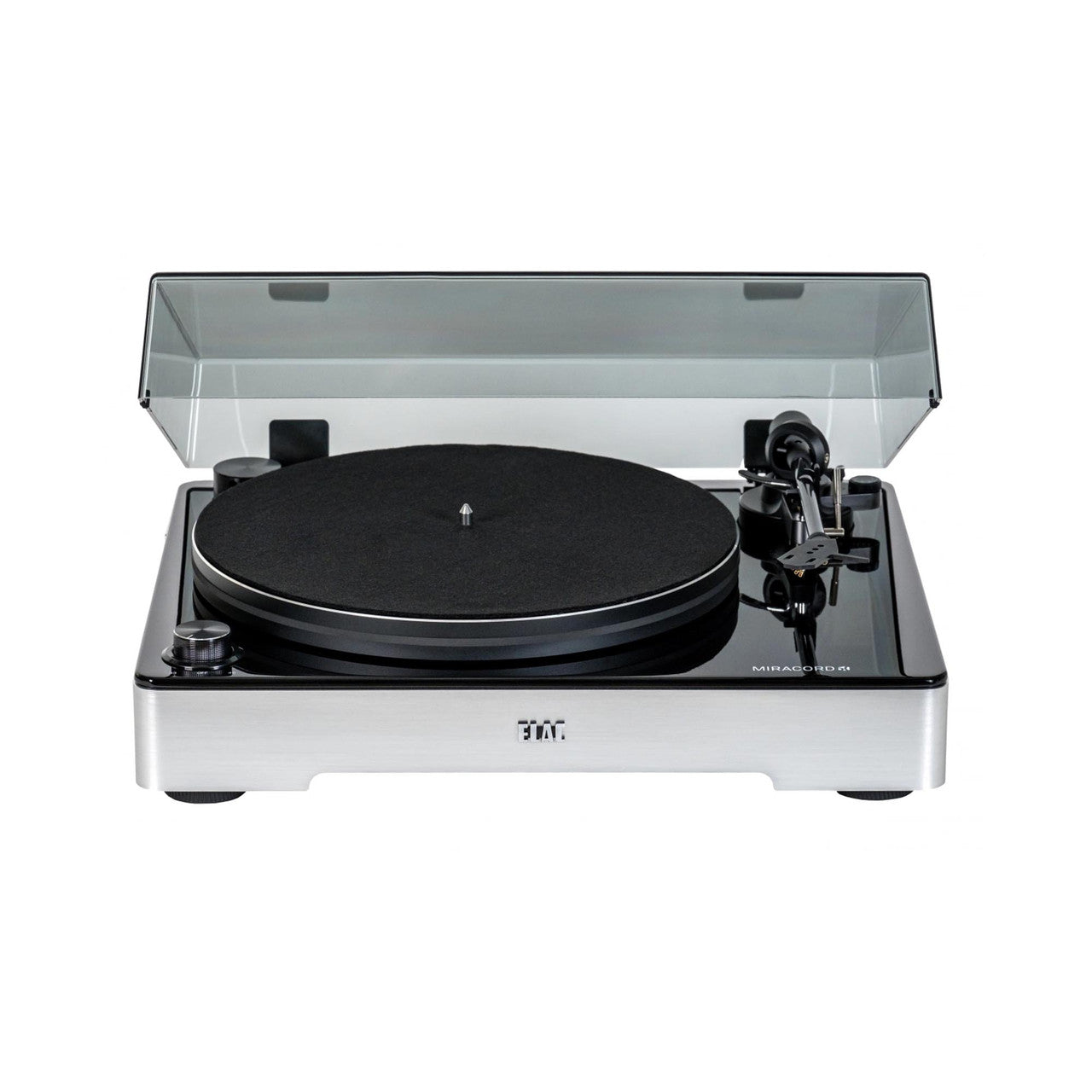Close up of the carbon fiber tonearm on the ELAC Miracord 60 turntable