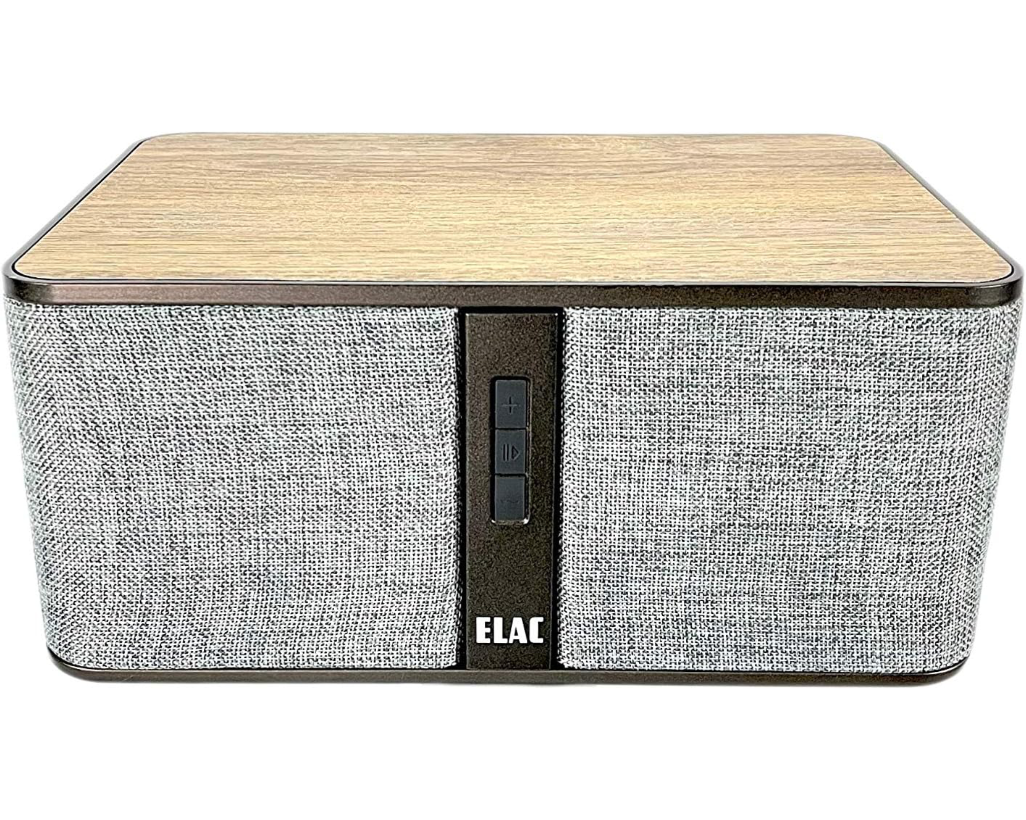 ELAC Discovery Z3 wireless speaker in Oak with gray grille, front view
