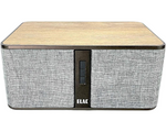 ELAC Discovery Z3 wireless speaker in Oak with gray grille, front view