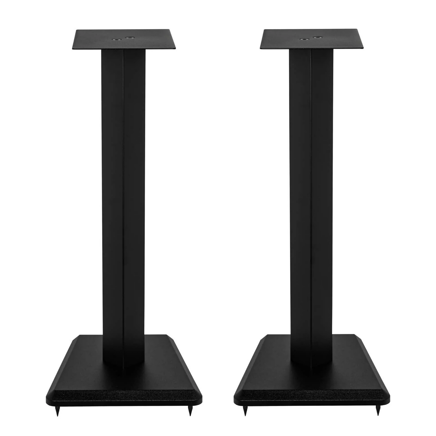Pair of black Elac LS10-B 23-inch bookshelf speaker stands for high-fidelity audio systems