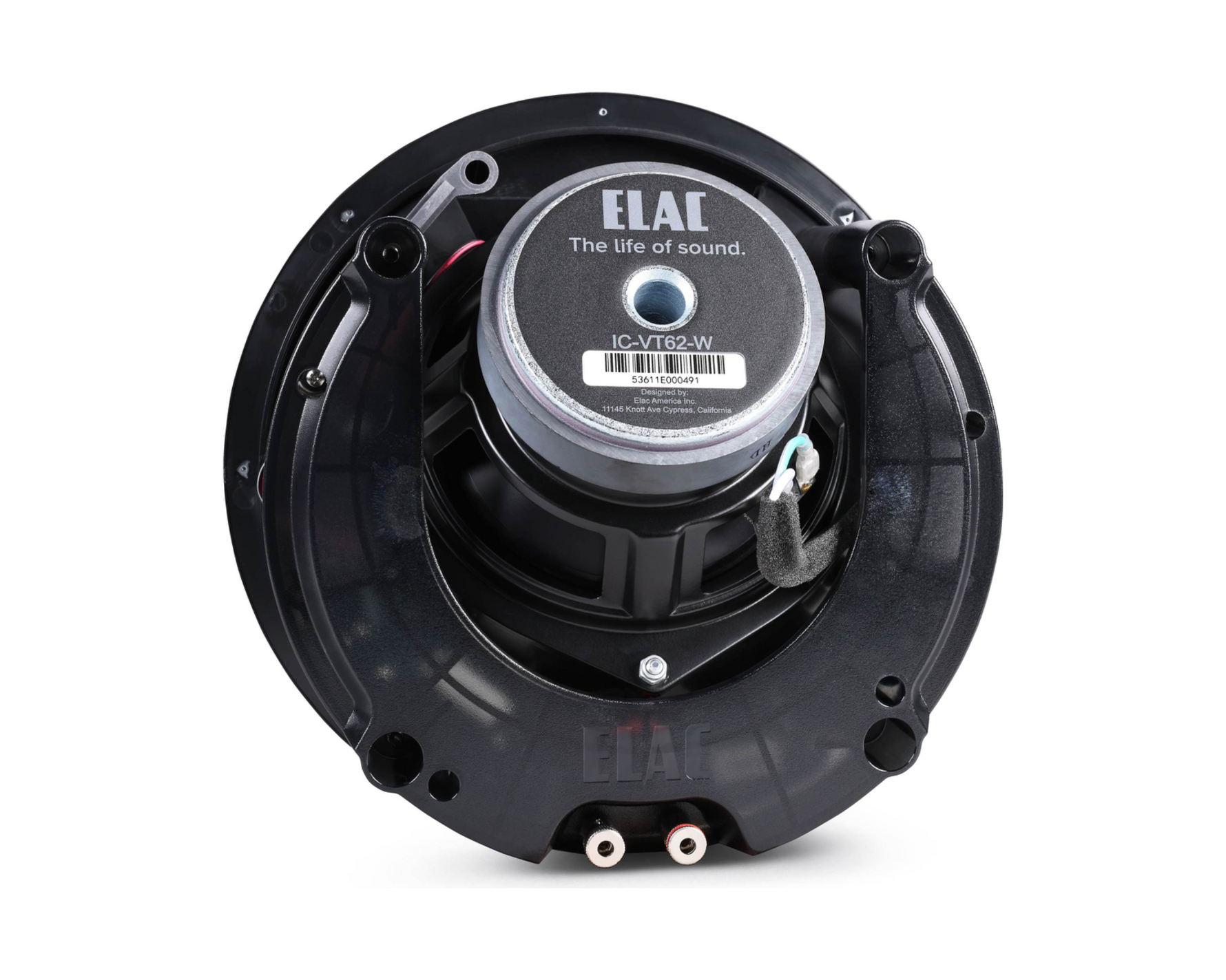 ELAC IC-VT62-W speaker grille removed to show woofer and tweeter assembly