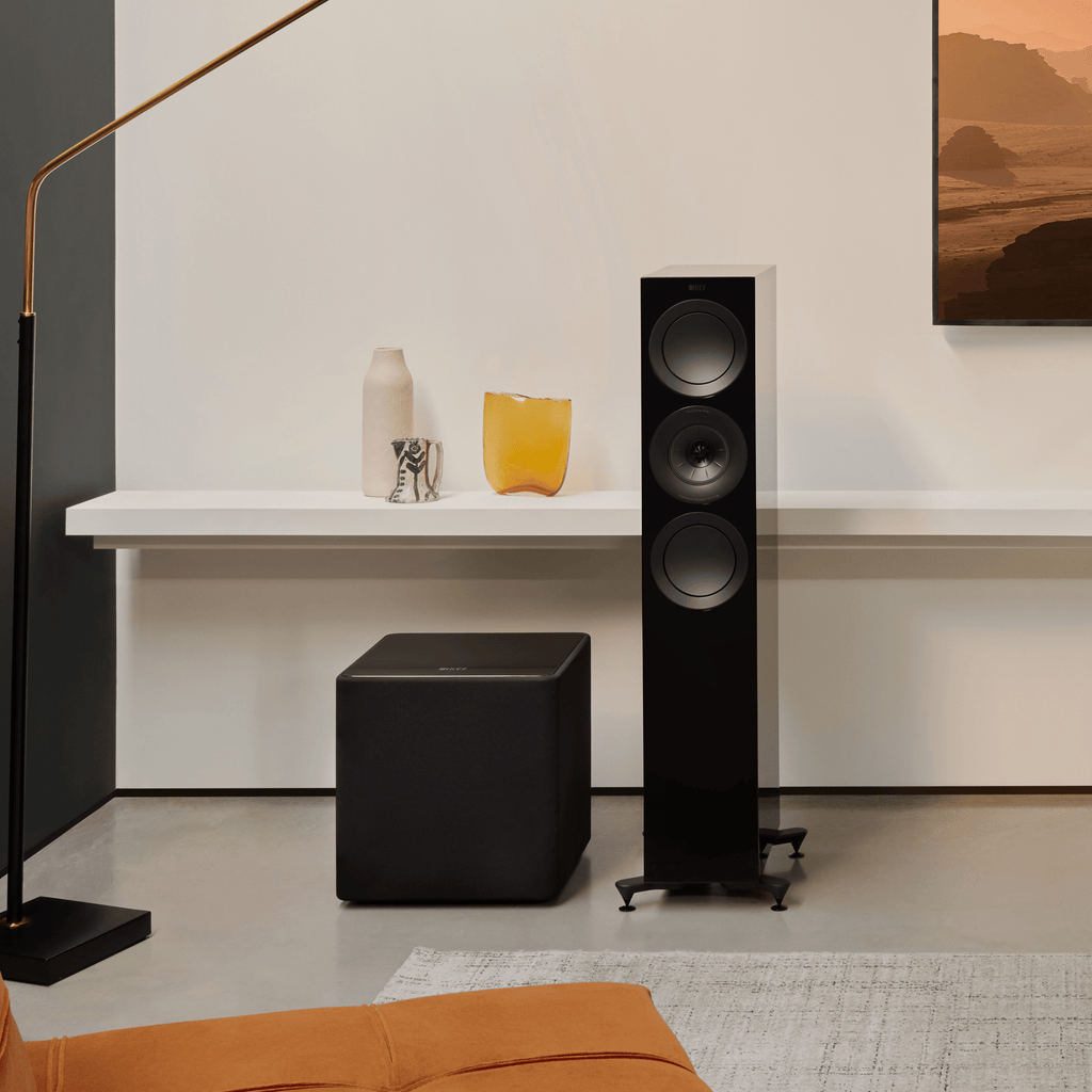Angled view of KEF Kube 12 MIE active subwoofer showing driver