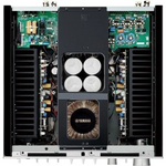 Close-up of Yamaha A-S2200 front panel controls and illuminated level meters