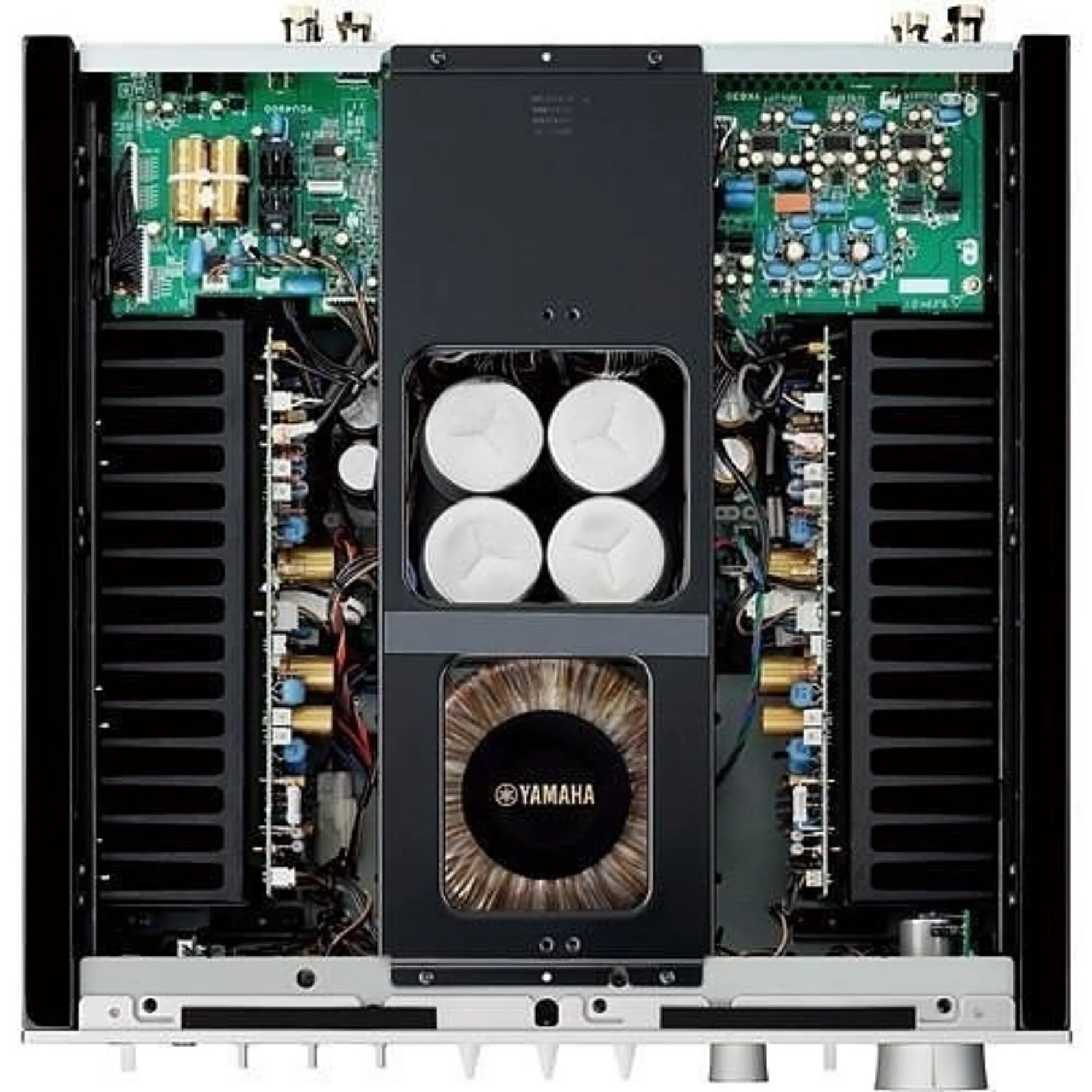 Close-up of Yamaha A-S2200 front panel controls and illuminated level meters