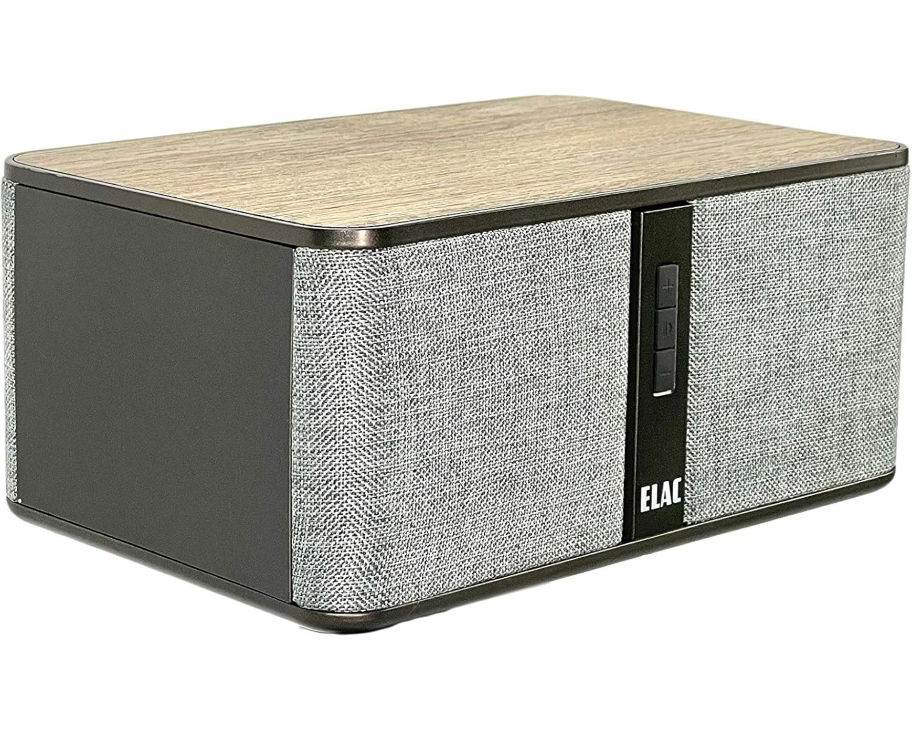 Close-up detail of the premium oak cabinet and gray grille on the ELAC Z3 speaker