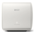 Side profile view of KEF KC62 1000W subwoofer in white showing Uni-Core technology
