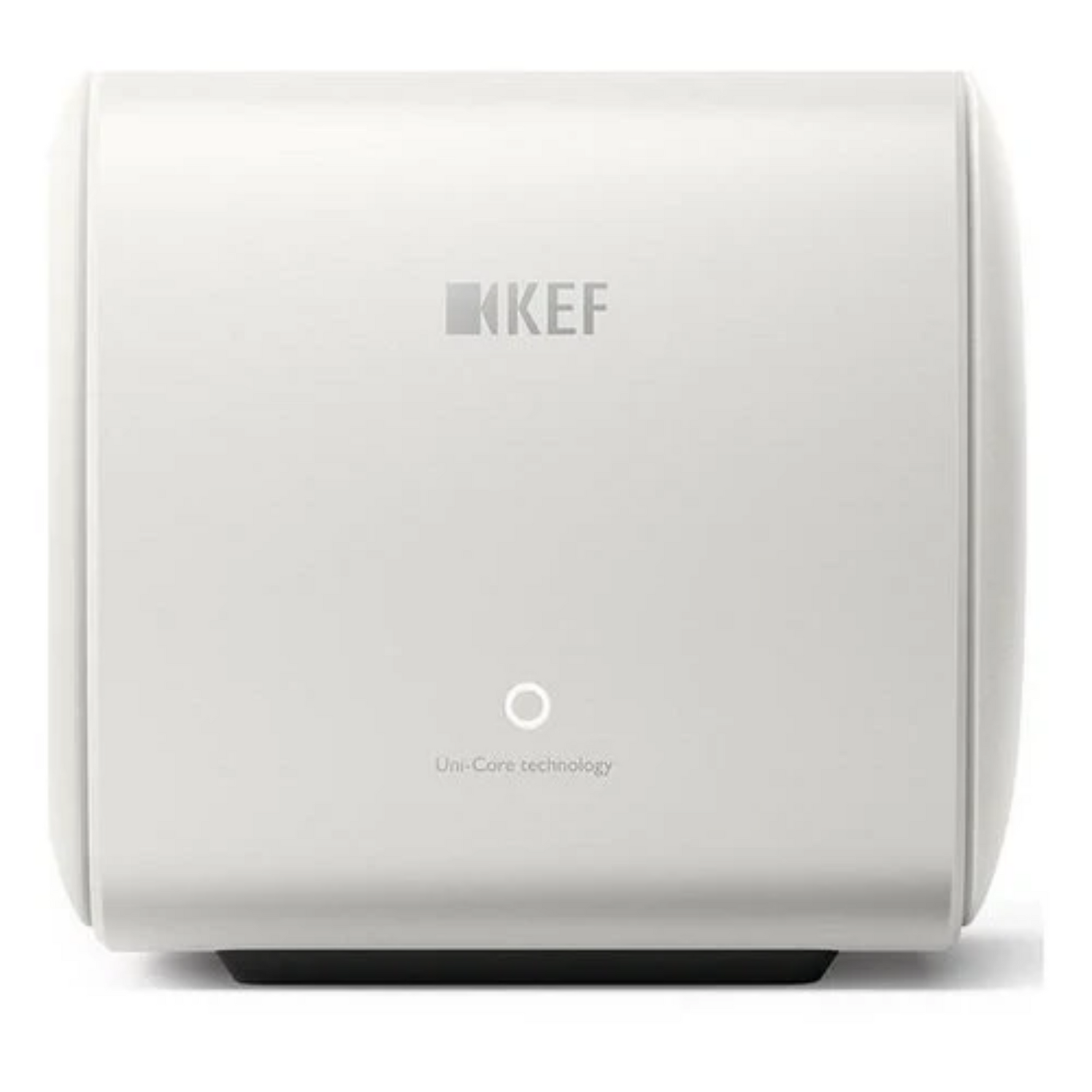 Side profile view of KEF KC62 1000W subwoofer in white showing Uni-Core technology