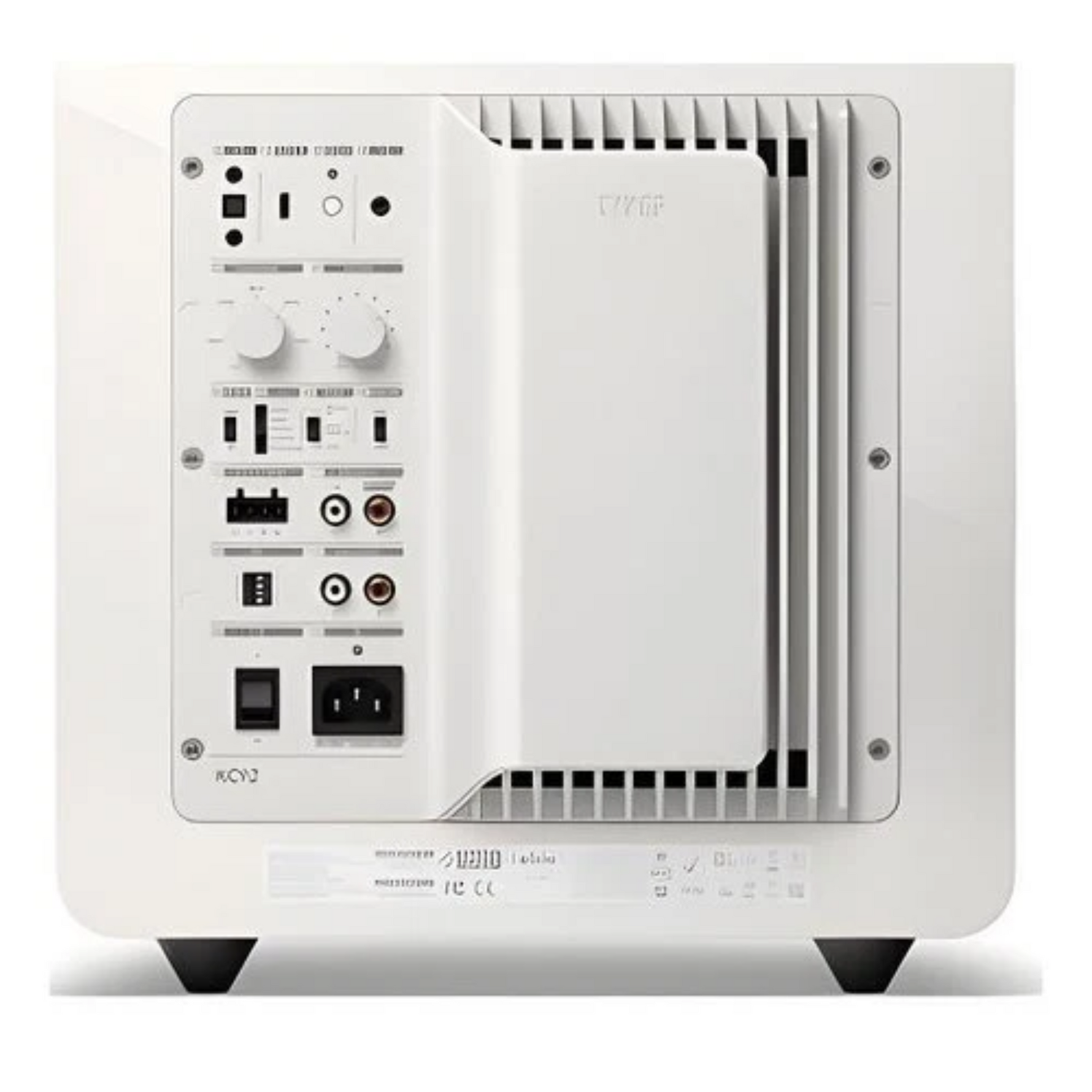 Side view of KEF KC92 1000W RMS high-performance active subwoofer in White Gloss