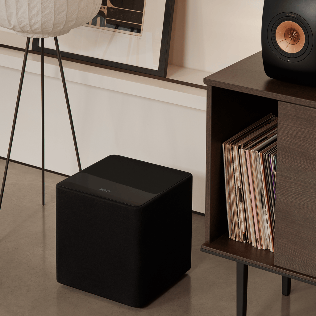 Side angle view showing the sealed cabinet design of KEF Kube 10 MIE subwoofer
