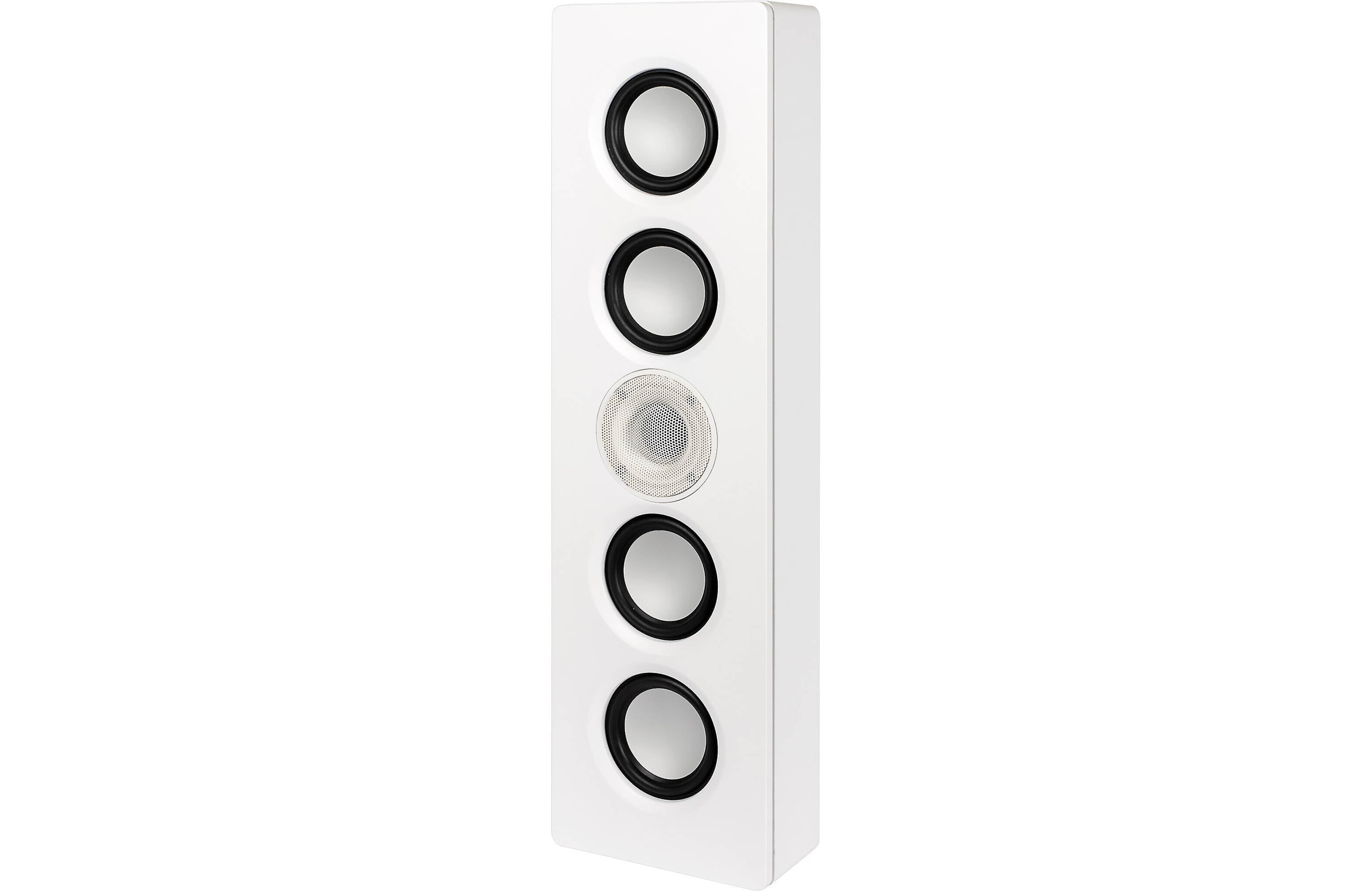 ELAC Muro OW-V41L white speaker mounted on wall in modern living room