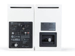 Front view of ELAC Debut ConneX Adsum cream powered speakers with grilles on