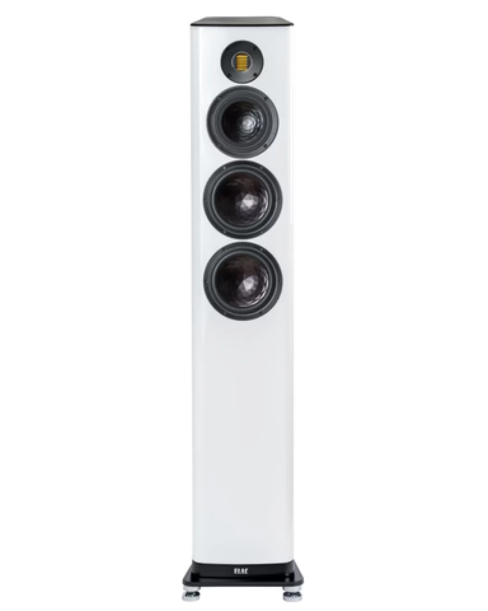 ELAC Vela 2.0 VFS409.2 floorstanding speaker in gloss white featuring a JET 6 AMT tweeter and trapezoidal cabinet.