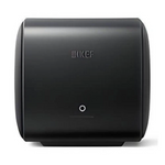 Side angle view of the KEF KC62 1000W subwoofer featuring Uni-Core technology and curved cabinet design