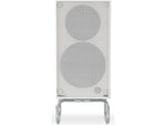 Close up of ELAC Adsum DCB41-DS speaker branding and cream finish texture