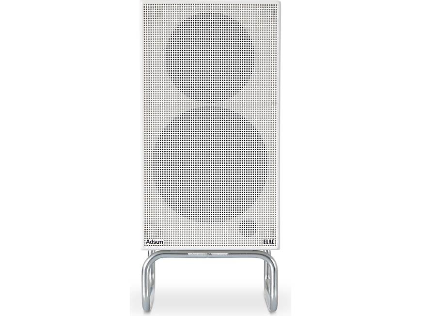 Close up of ELAC Adsum DCB41-DS speaker branding and cream finish texture
