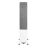 Side angle of the ELAC DFR52-W speaker showcasing the oak cabinet and white baffle
