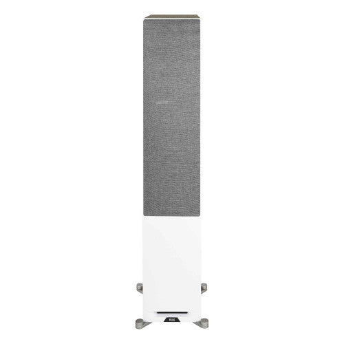 Side angle of the ELAC DFR52-W speaker showcasing the oak cabinet and white baffle