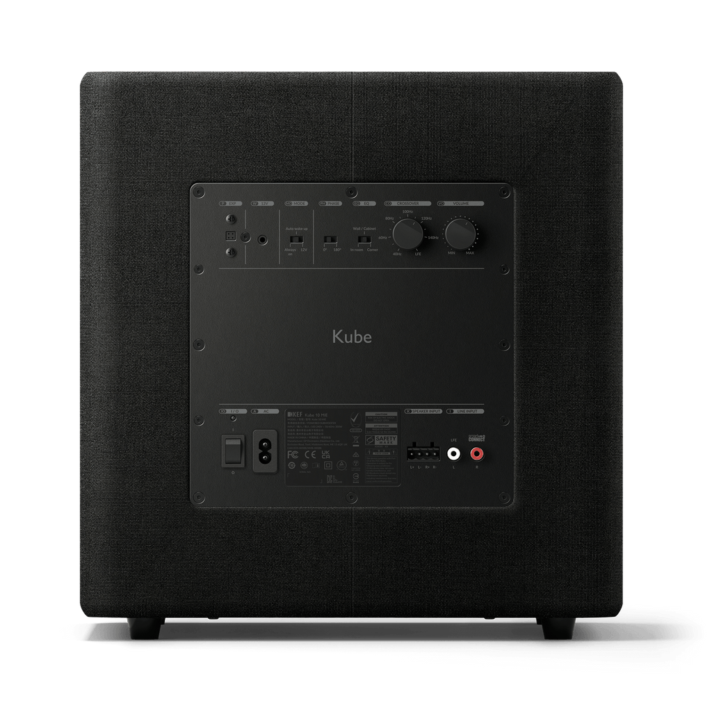 Lifestyle placement of KEF Kube 10 MIE subwoofer in a modern living room