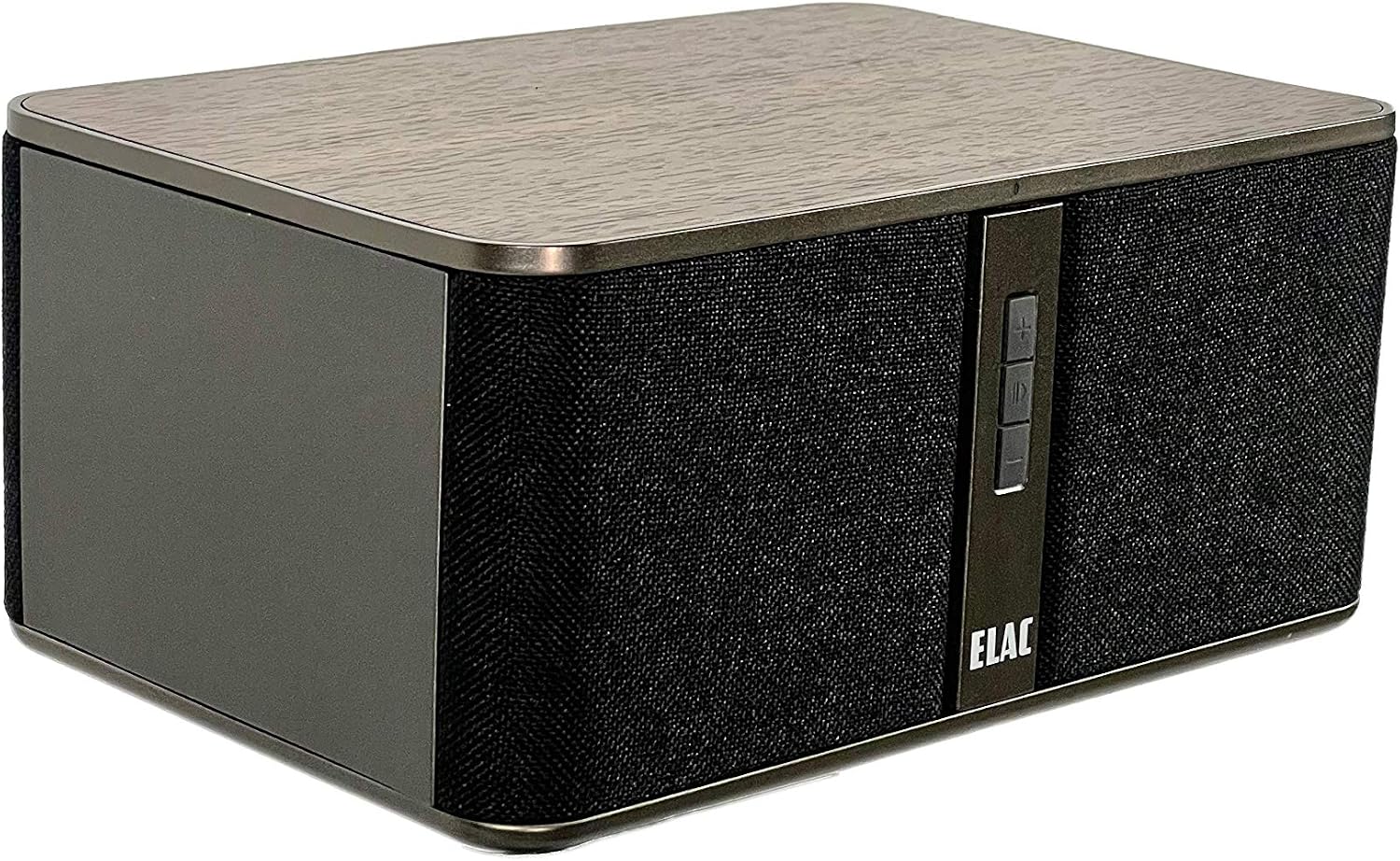 Front view of ELAC Discovery Z3 wireless speaker showing metallic driver cones