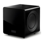 Front view of KEF KC92 black gloss subwoofer showing dual 9-inch drivers