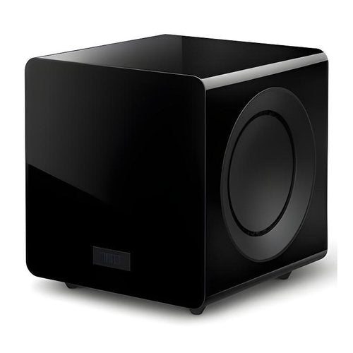 Front view of KEF KC92 black gloss subwoofer showing dual 9-inch drivers