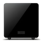 Side angle of KEF KC92 force-cancelling subwoofer in premium black gloss finish