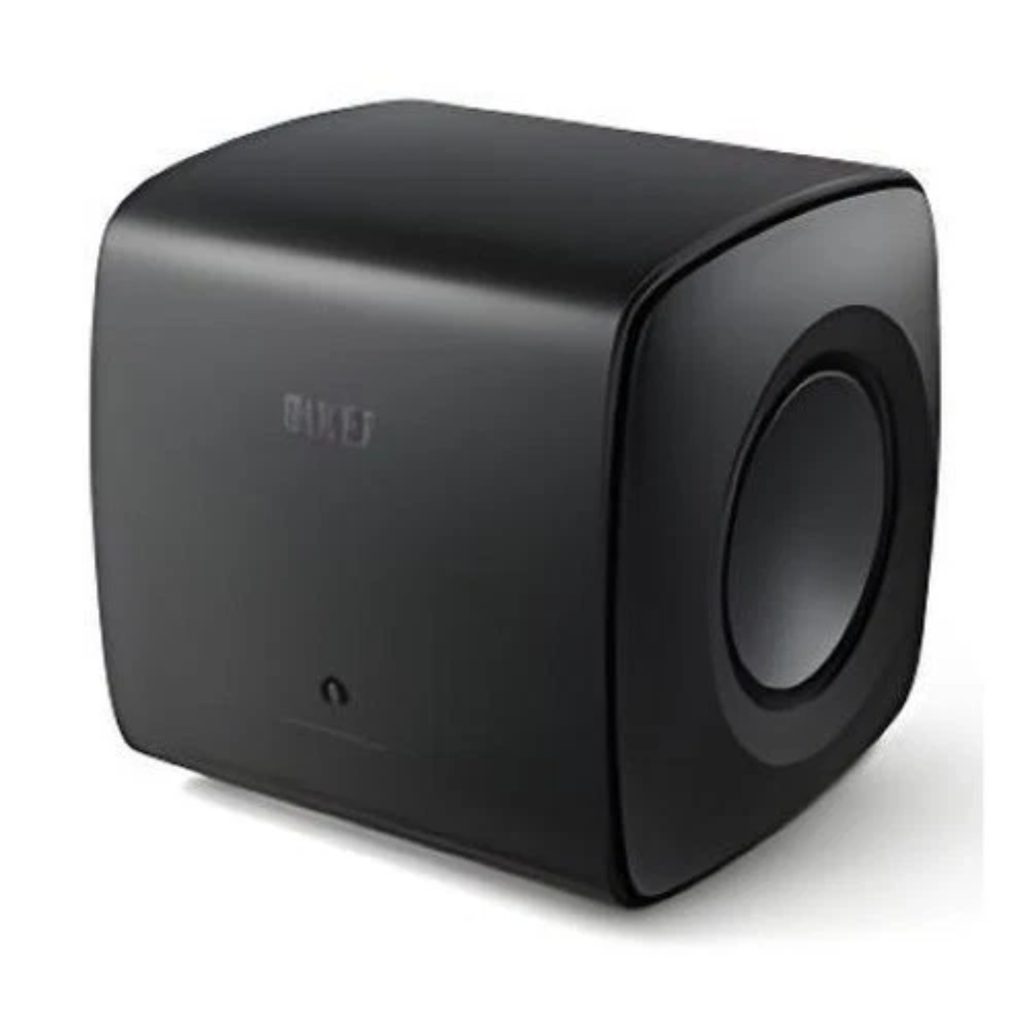 KEF KC62 ultra-compact powered subwoofer in Carbon Black showing the sleek front-facing driver