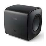 KEF KC62 ultra-compact powered subwoofer in Carbon Black showing the sleek front-facing driver