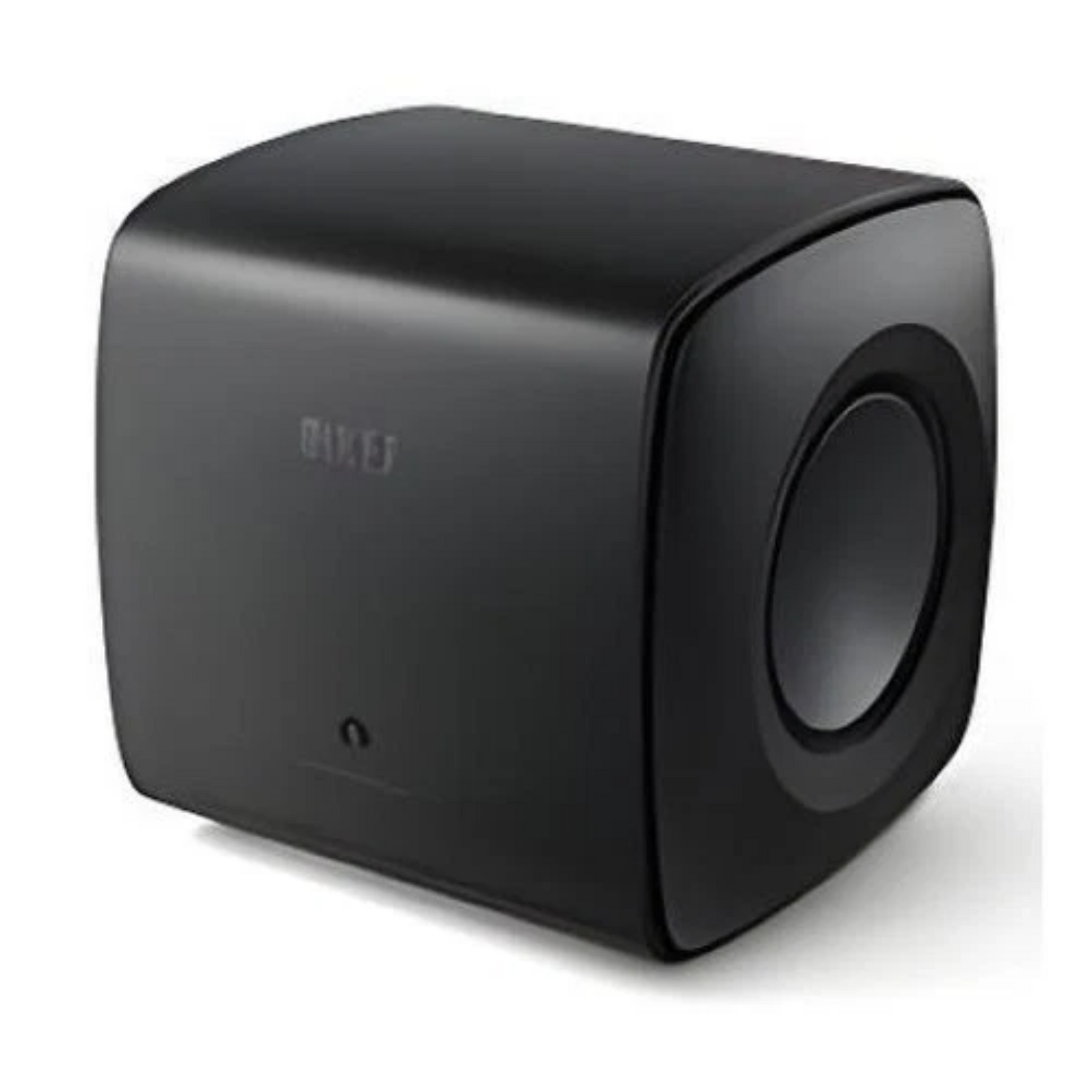 KEF KC62 ultra-compact powered subwoofer in Carbon Black showing the sleek front-facing driver