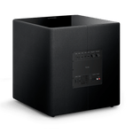 Rear and side view of the KEF Kube 15 MIE black subwoofer showing connectivity