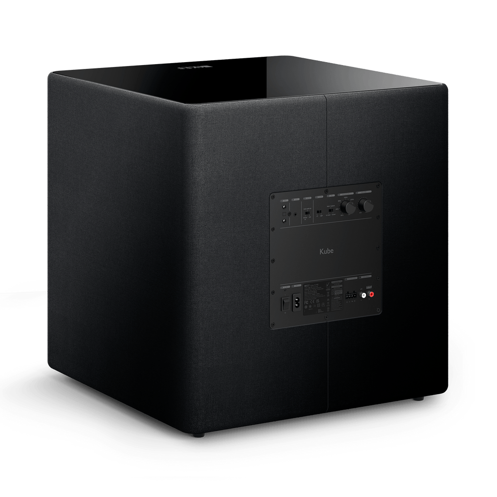Rear and side view of the KEF Kube 15 MIE black subwoofer showing connectivity
