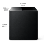 KEF Kube 15 MIE powered subwoofer front view with technical dimension diagram