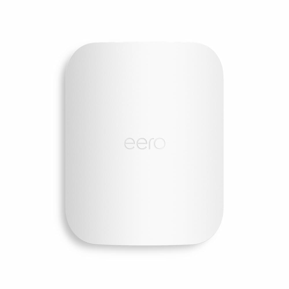 Front view of Eero Outdoor 7 Mesh WiFi 7 Router in white housing