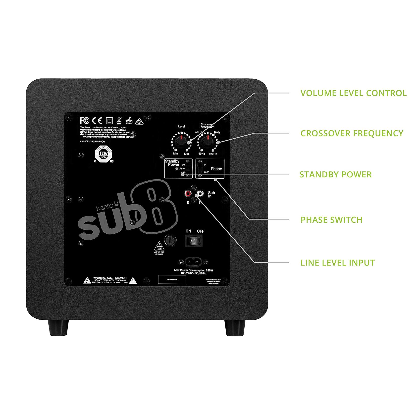 Kanto SUB8V Sealed Powered Subwoofer | 300W Peak Power | 8