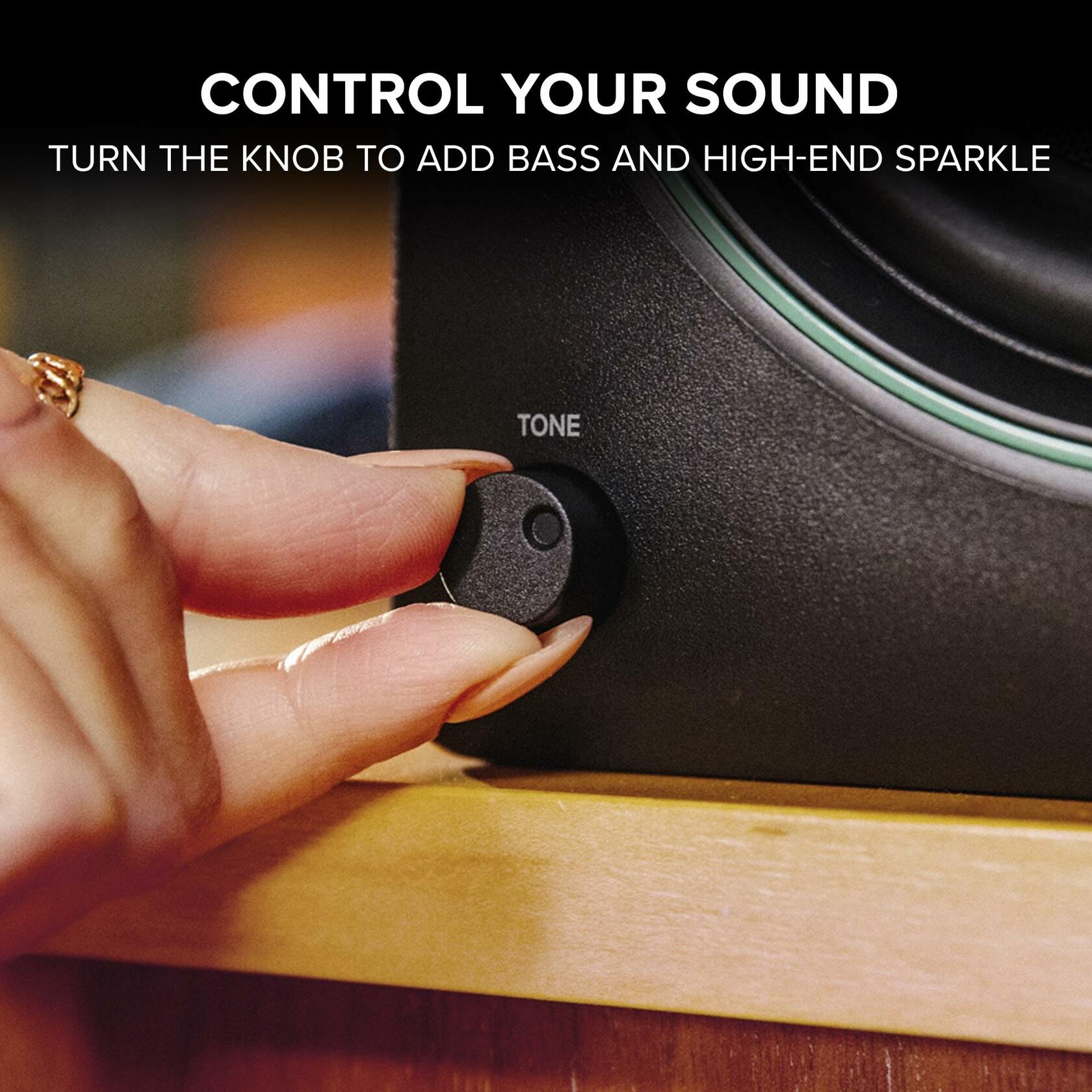 Close up of Mackie CR5BT volume and tone control knob on front panel