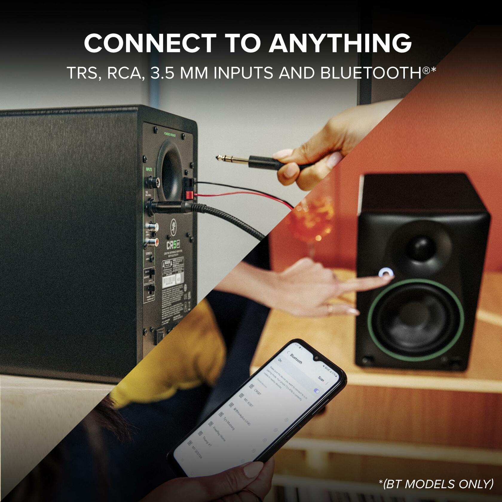 Mackie CR5BT active studio monitors set up on a professional music production desk