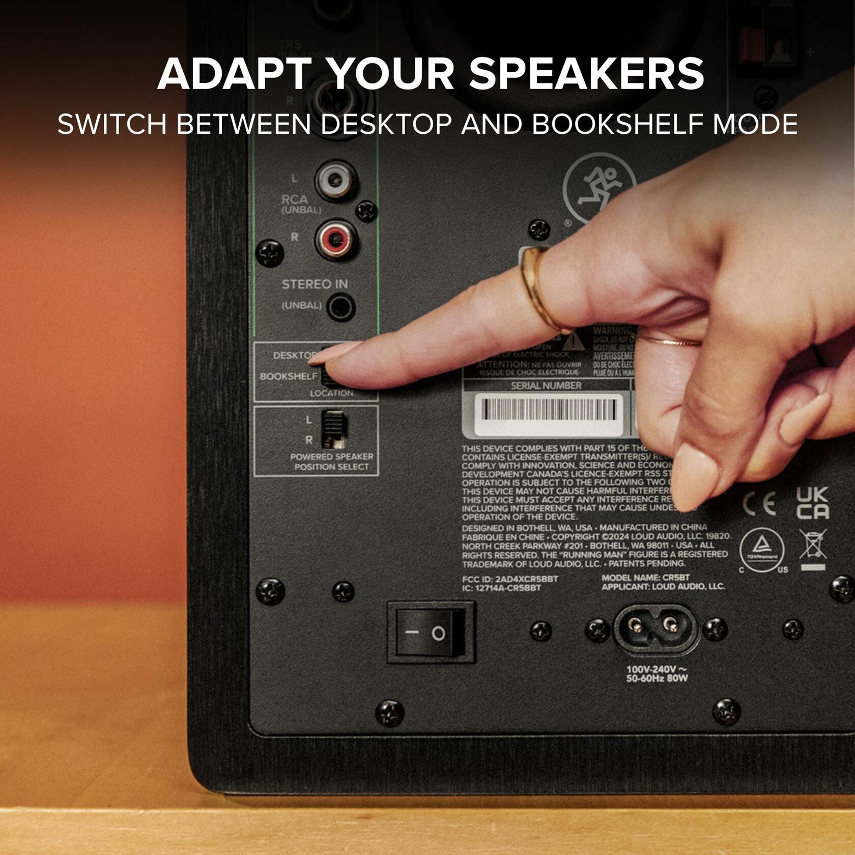 Rear panel connectivity of Mackie CR5BT including TRS, RCA and location switch