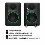 Angled view of Mackie CR5BT speakers showcasing design and woven woofer detail