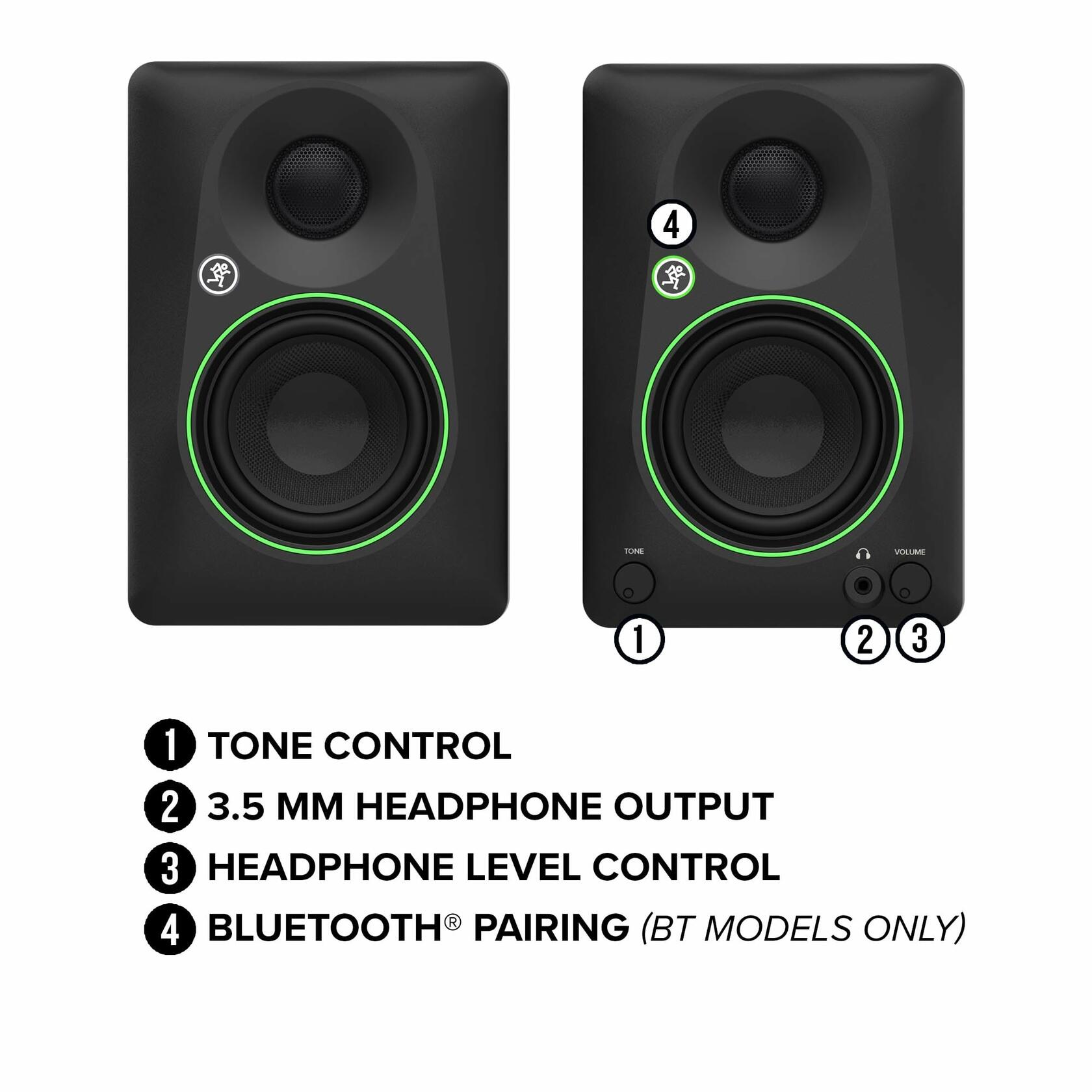 Angled view of Mackie CR5BT speakers showcasing design and woven woofer detail